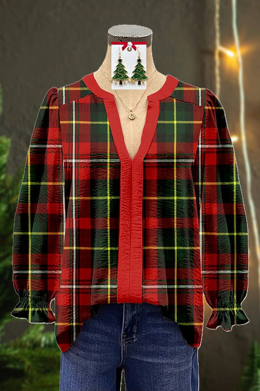 Christmas Plaid Print Contrast Panel V-neck Top