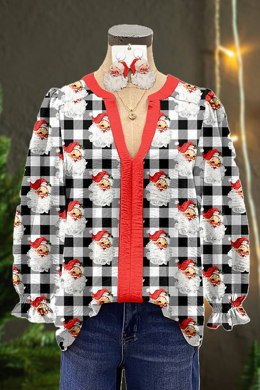 Cute Santa Plaid Print Contrast Panel V-neck Top