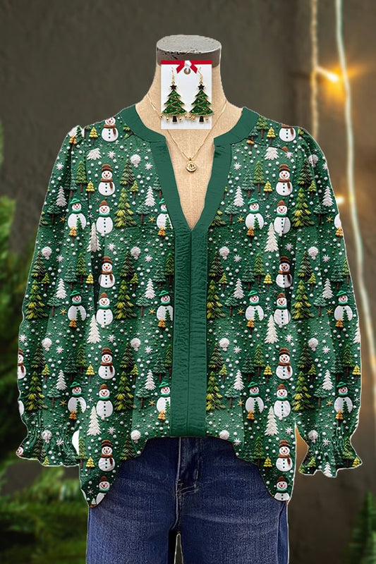 Christmas Trees Snowman Print Contrast Panel V-neck Top