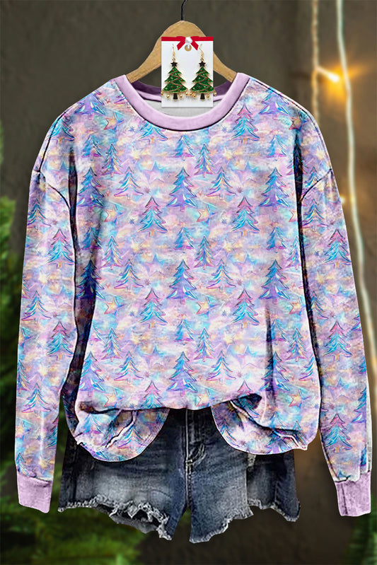 Iridescent Holographic Christmas Trees Print Sweatshirt