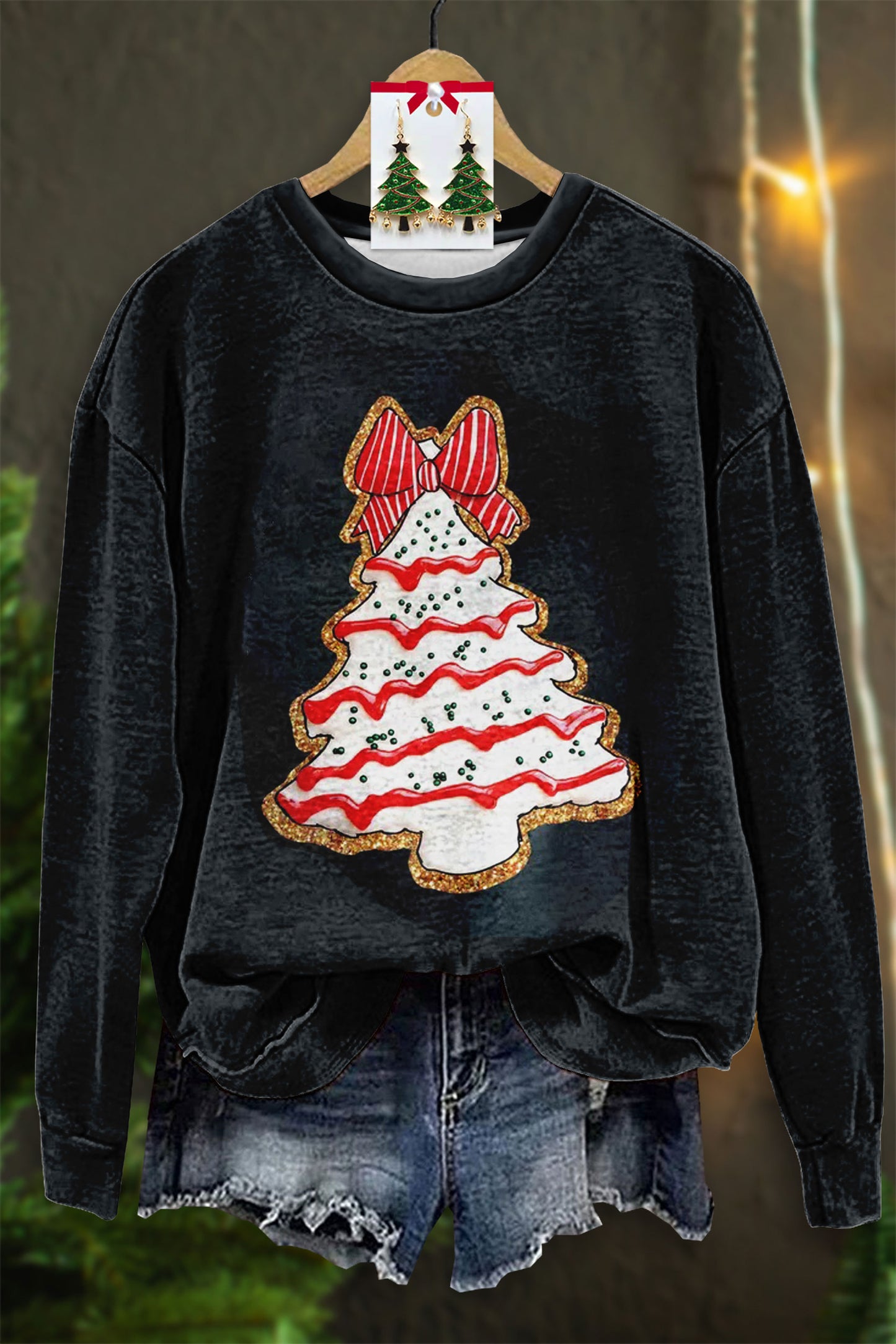 Christmas Tree Cake Glitter Print Sweatshirt