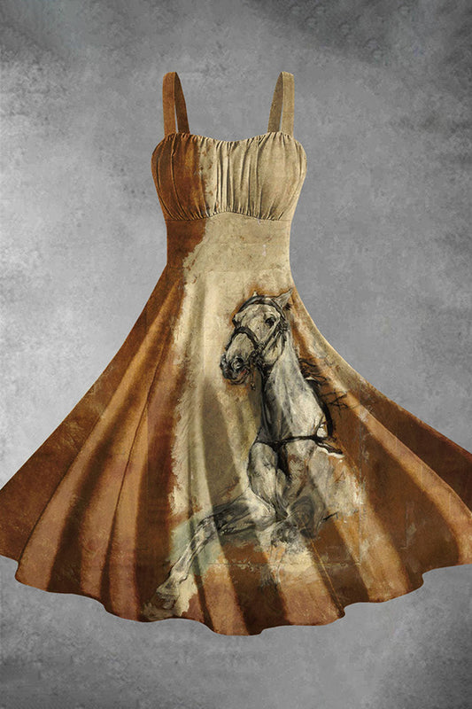 Women's Western Horse Art Print Backless Dress