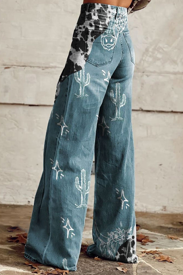 Women's Vintage Print Casual Wide Leg Pants