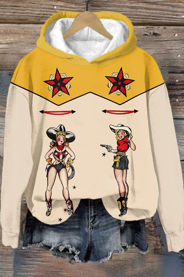 Women's Retro Western Print Hooded Sweatshirt