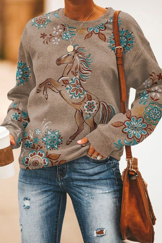 Women's Retro Western Horse Print Casual Sweatshirt