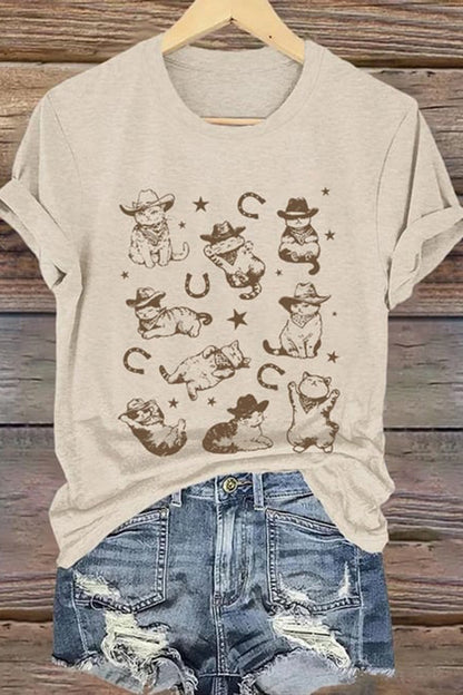 Retro Funny Western Cowboy Kittens Cat Print T-Shirt