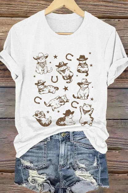 Retro Funny Western Cowboy Kittens Cat Print T-Shirt