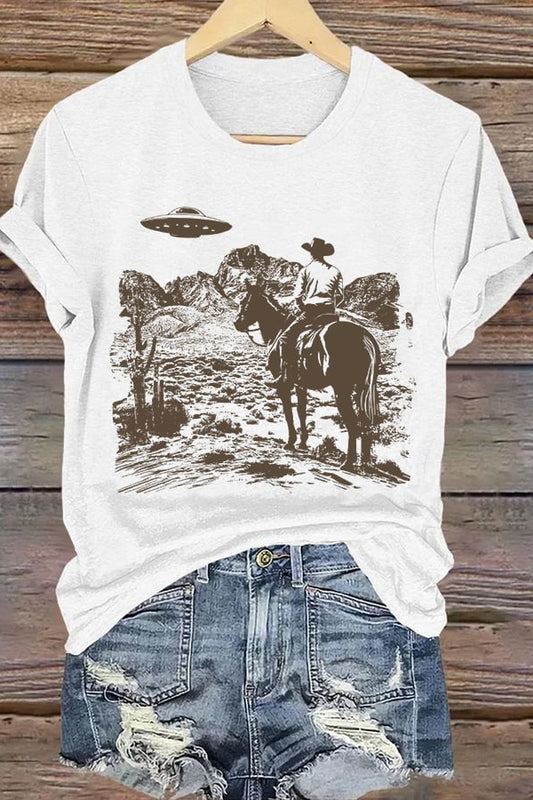 Retro Ufo Western Cowboy Rodeo Print T-Shirt