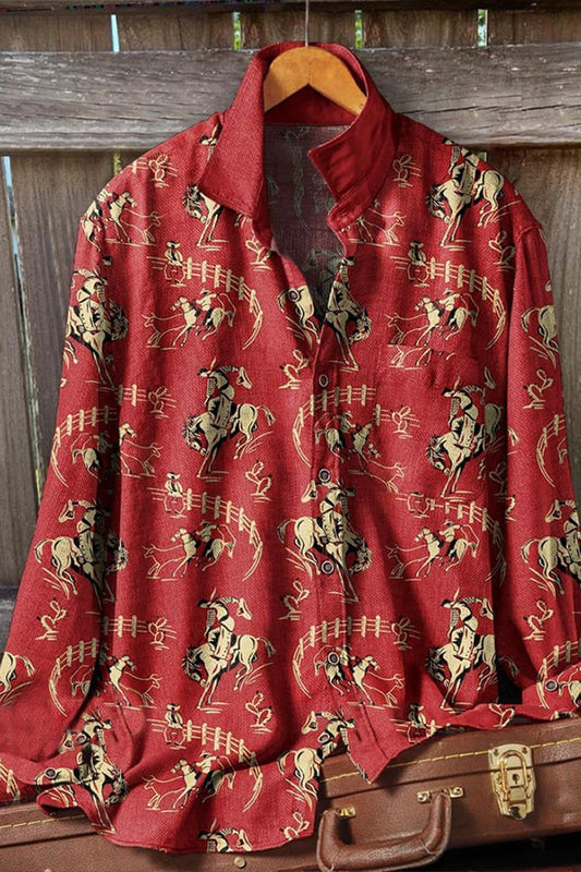 Vintage Red Rodeo Print Long Sleeve Shirt