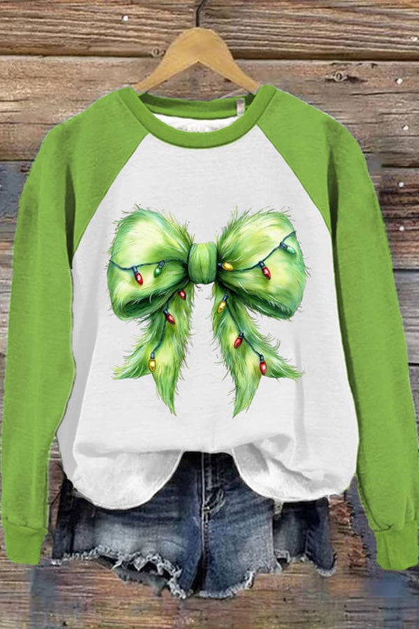 Women's Christmas Green Fur Coquette Bow Sweatshirt