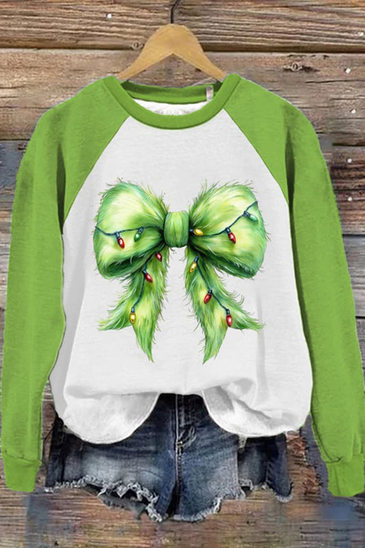 Women's Christmas Green Fur Coquette Bow Sweatshirt