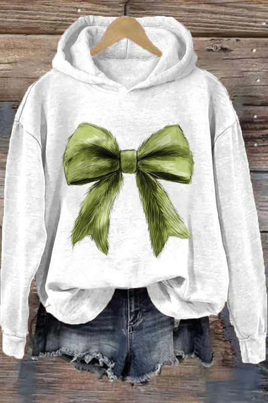 Christmas Green Fur Coquette Bow Print Hoodie