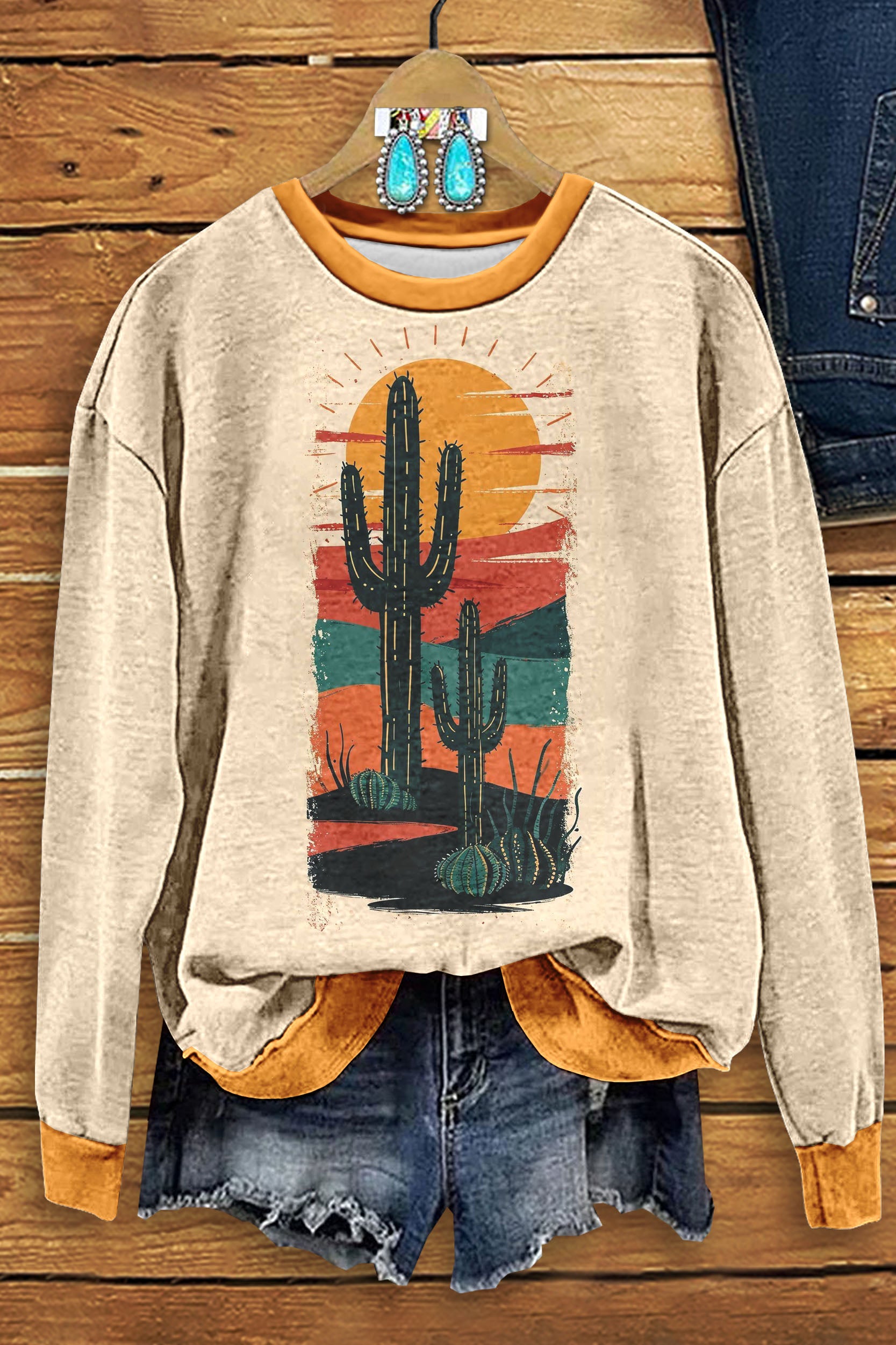 Western Cactus Contrast Print Sweatshirt