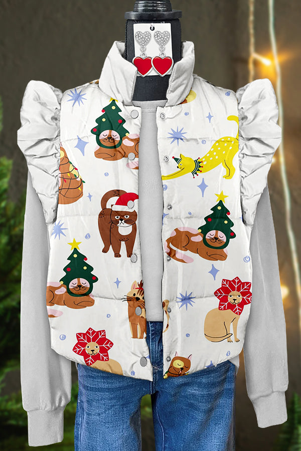 Christmas Cat Print Flying Sleeves Quilted Vest