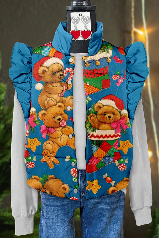 Cute Christmas Bear Print Padded Vest