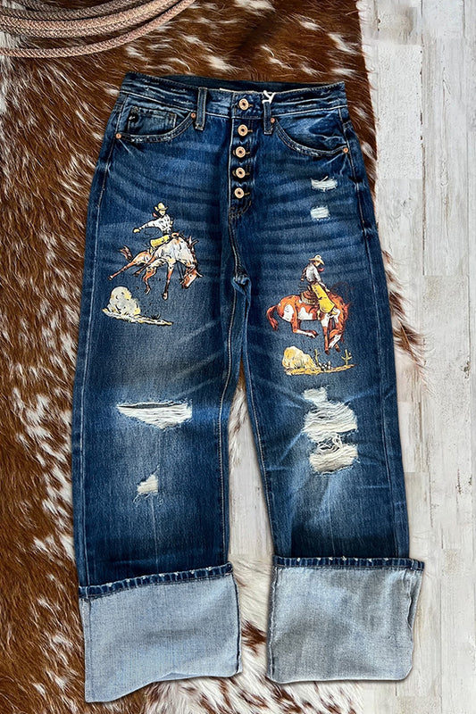 Cowboy Print Ripped High Waist Jeans