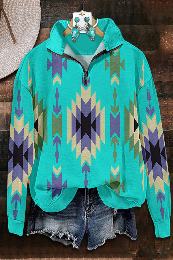 Turquoise Aztec Zippered Sweatshirt