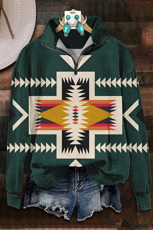 Classic Aztec Printed Zipper Sweatshirt