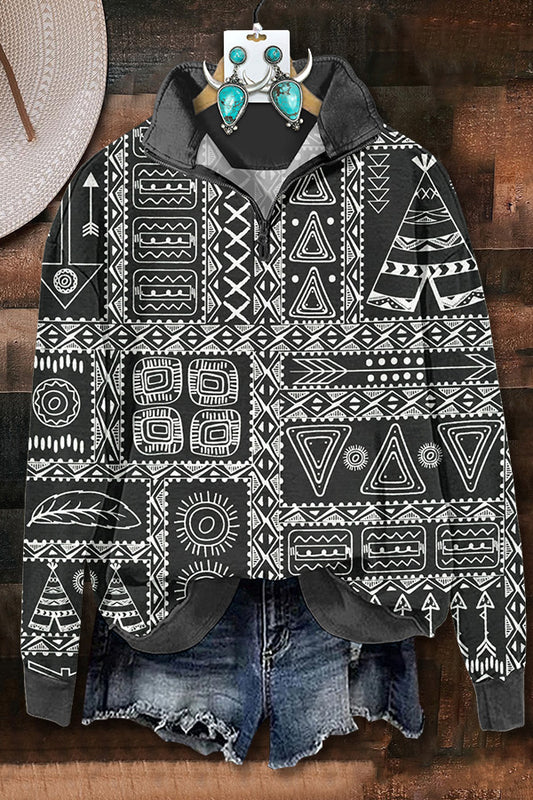 Abstract Print Zipper Sweatshirt