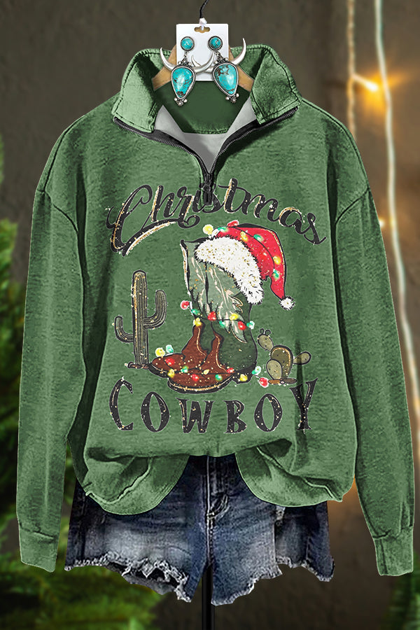 Christmas Boots Print Zipper Sweatshirt