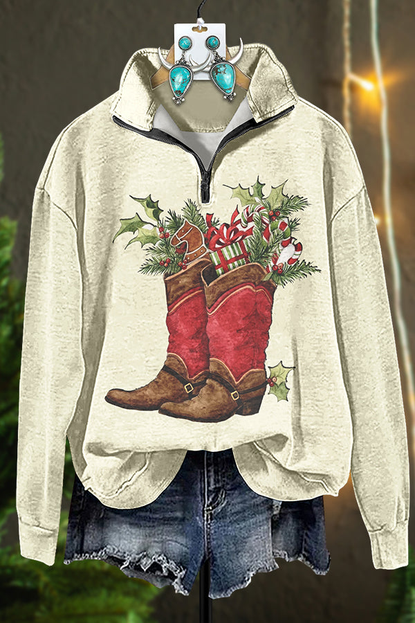 Christmas Gift Boots Printed Zipper Sweatshirt