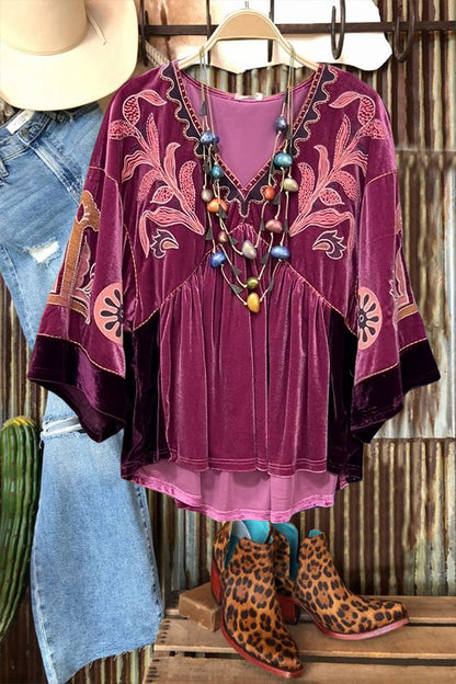 V-Neck Printed Velvet Top