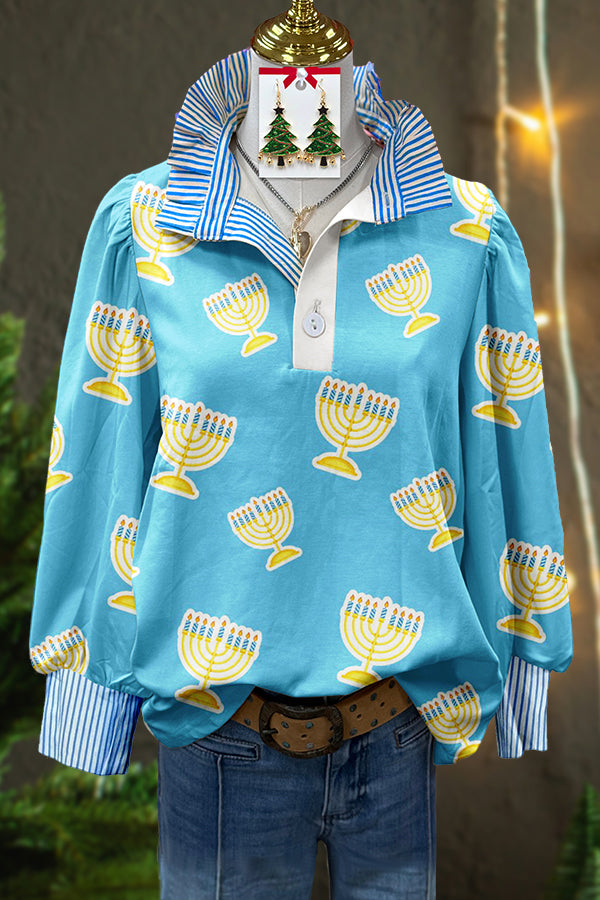 Hanukkah Menorah Print Striped Top