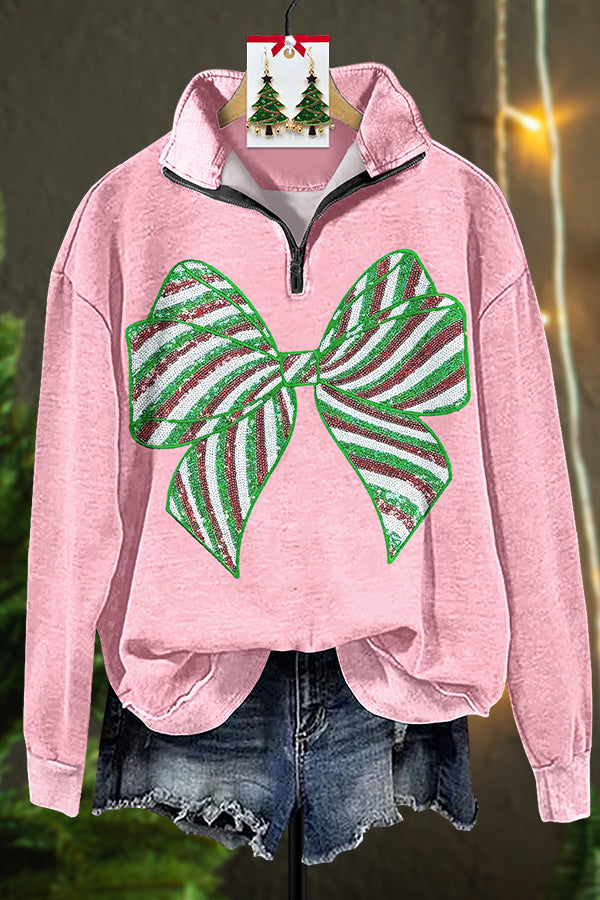 Bow Sequined Zipper Sweatshirt