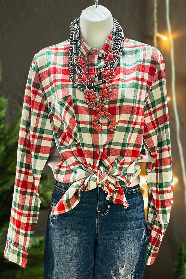 Red Green Plaid Button Down Shirt