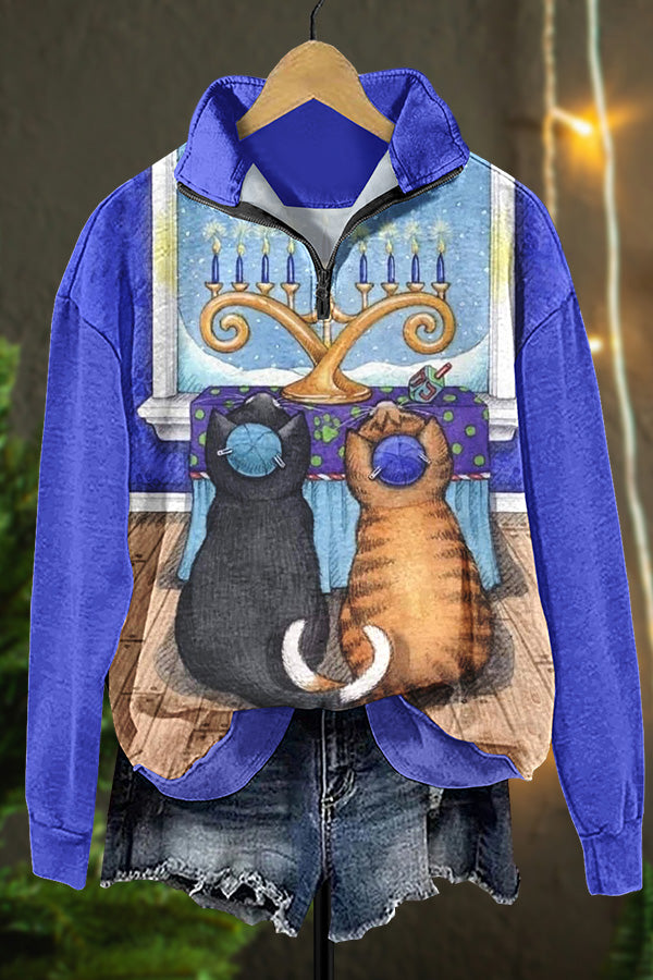 Hanukkah Cat Print Zip Up Sweatshirt