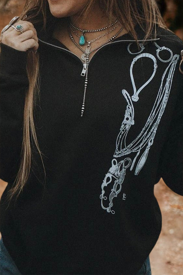 Western Harness Print Zipper Sweatshirt