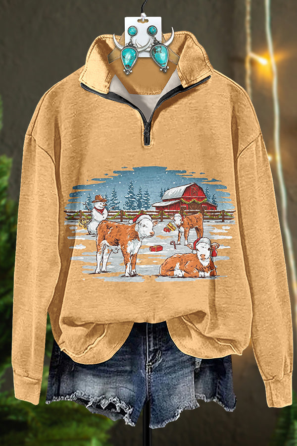 Christmas Snow Cow Zipper Sweatshirt