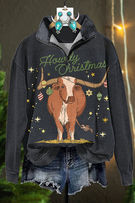 Howdy Christmas Cow Zipper Sweatshirt