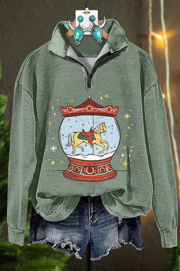 Christmas Horse Crystal Ball Zipper Sweatshirt