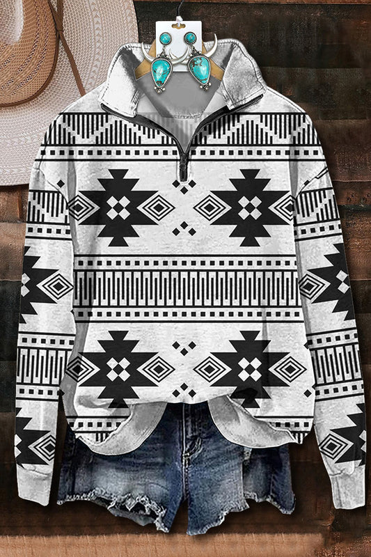 Classic Aztec Printed Zipper Sweatshirt