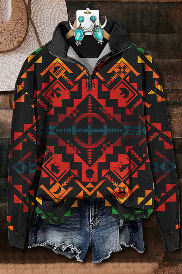 Gradient Aztec Printed Zipper Sweatshirt