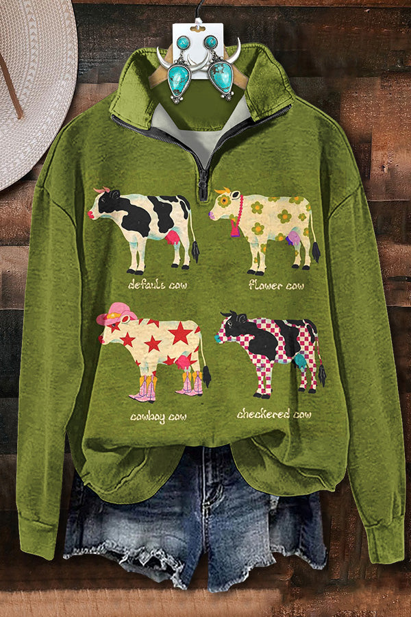 Western Cow Print Zipper Sweatshirt