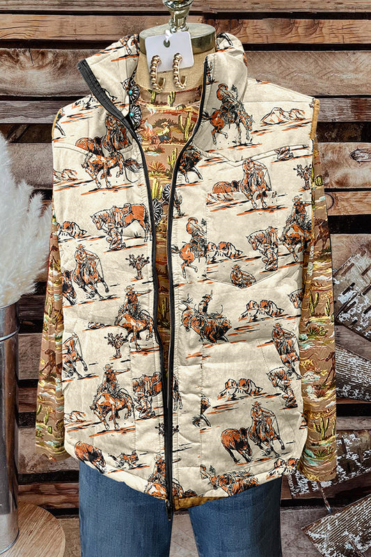 Western Cowboy Printed Zippered Quilted Vest