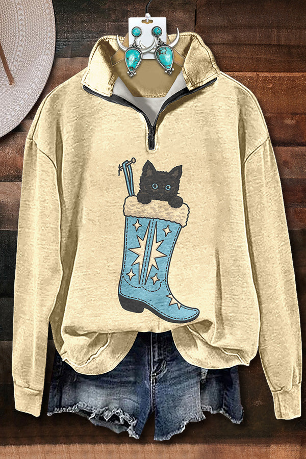 Cute Puss In Boots Zipper Sweatshirt