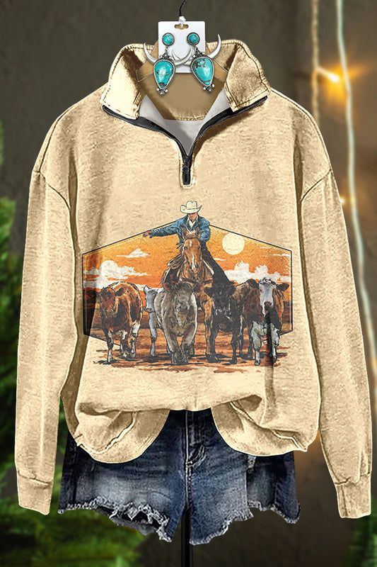 Cowboy Horse Print Zipper Sweatshirt