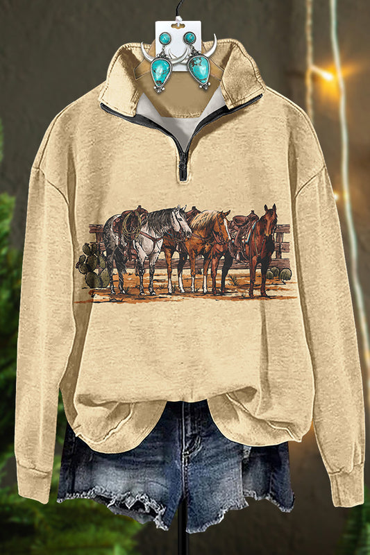 Ranch Horse Print Zipper Sweatshirt