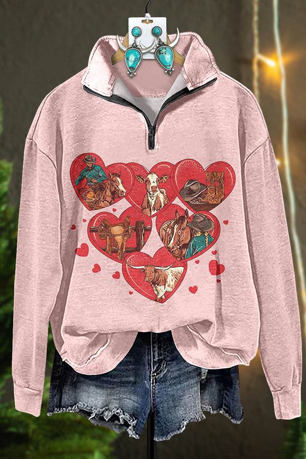 Western Valentine's Day Love Cowgirl Zipper Sweatshirt