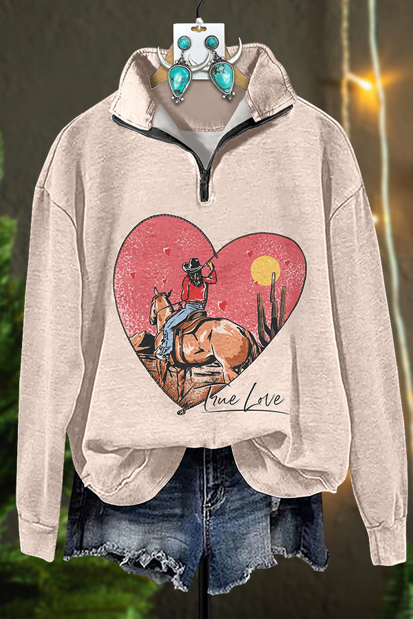 Valentine's Day Western True Love Zipper Sweatshirt