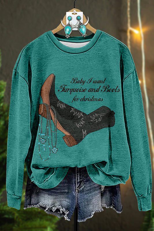 Christmas Boots Turquoise Necklace Printed Sweatshirt