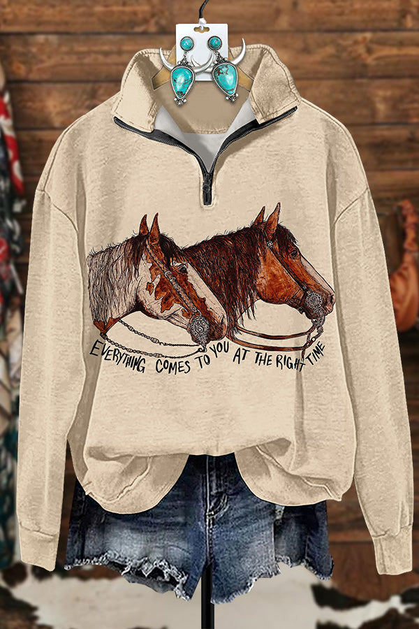 Western Hand Painted Horse Print Zipper Sweatshirt