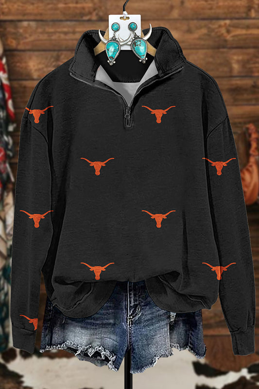 Western Longhorn Print Zipper Sweatshirt