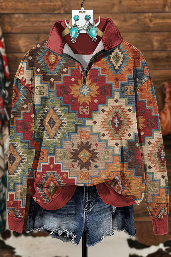 Earthy Vintage Aztec Print Zipper Sweatshirt