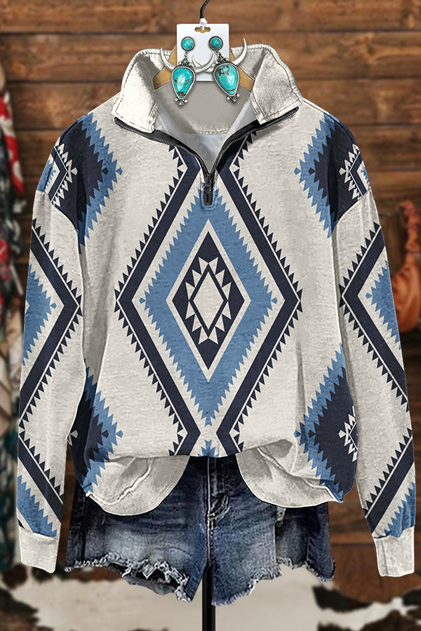 Retro Geometric Aztec Zipper Sweatshirt