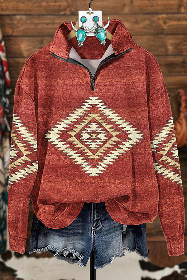 Retro Contrast Aztec Zipper Sweatshirt