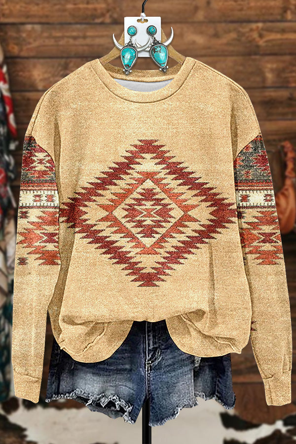 Retro Aztec Printed Pullover Sweatshirt